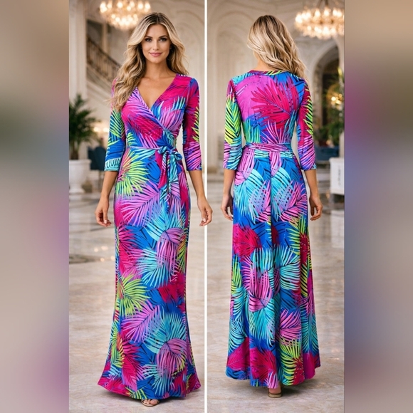 Dresses & Skirts - Tropical Women's Multicolor Palm Print Faux Wrap Maxi Dress Size M.